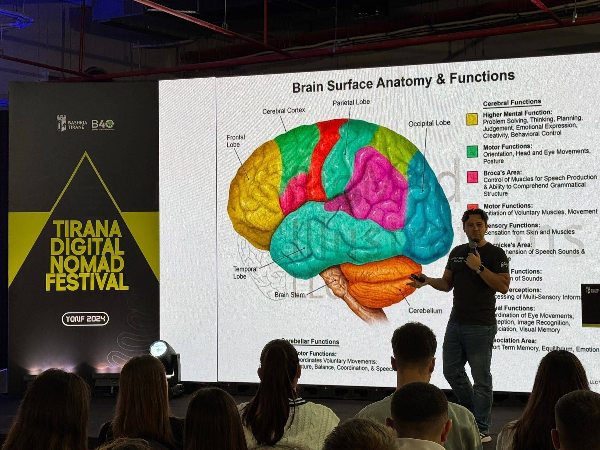 Daniel Duma on stage at Tirana Digital Nomad Festival in front of a giant brain anatomy slide