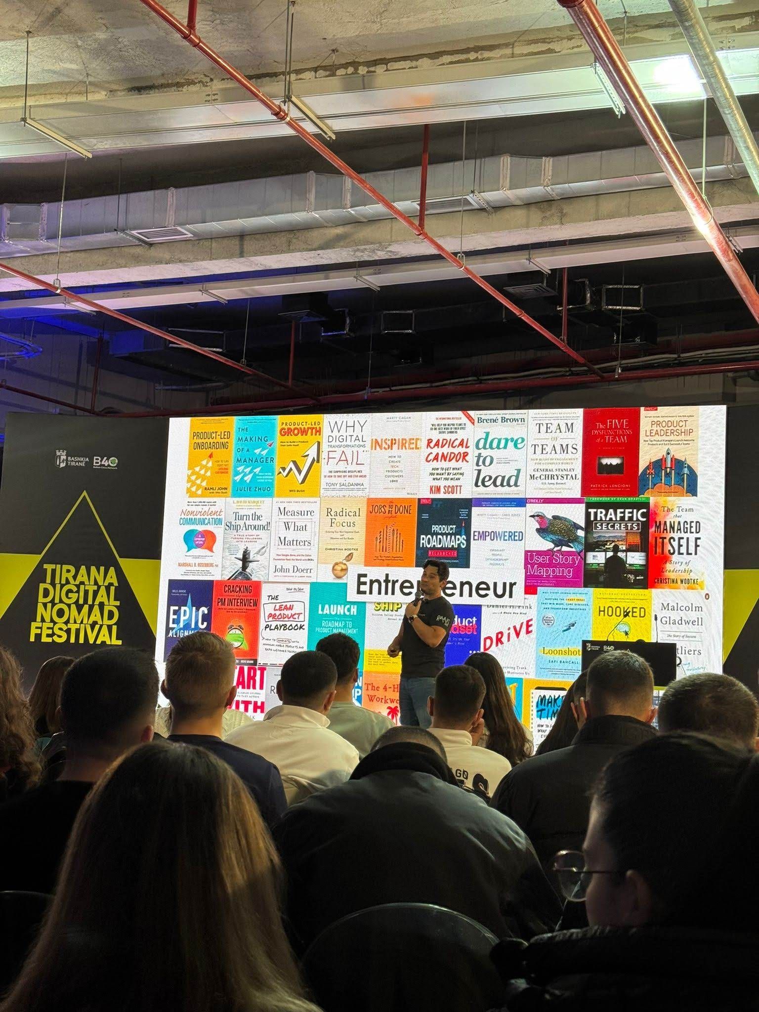 Packed hall at Tirana Digital Nomad Festival during Daniel Duma’s keynote